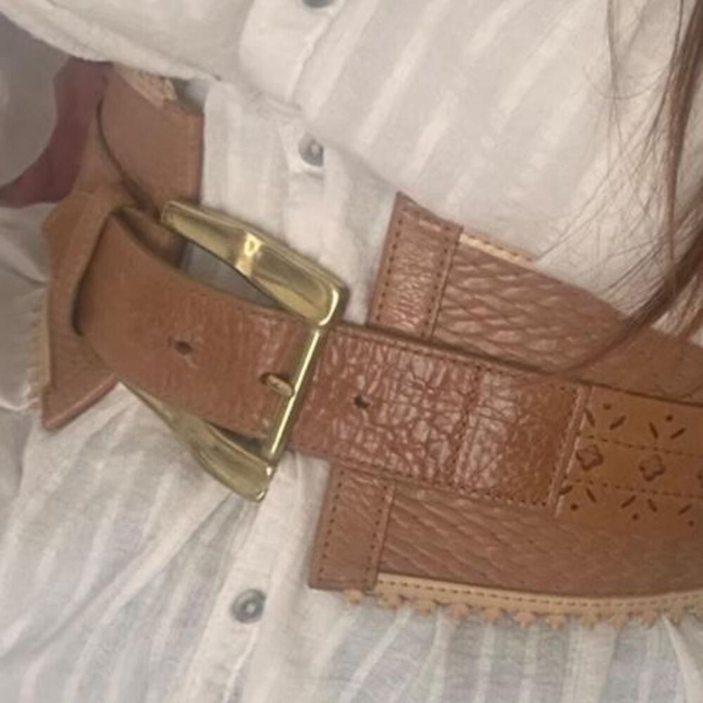 Leatherock leather wide chunky buckle waist belt western boho tan cognac size S - Picture 8 of 8
